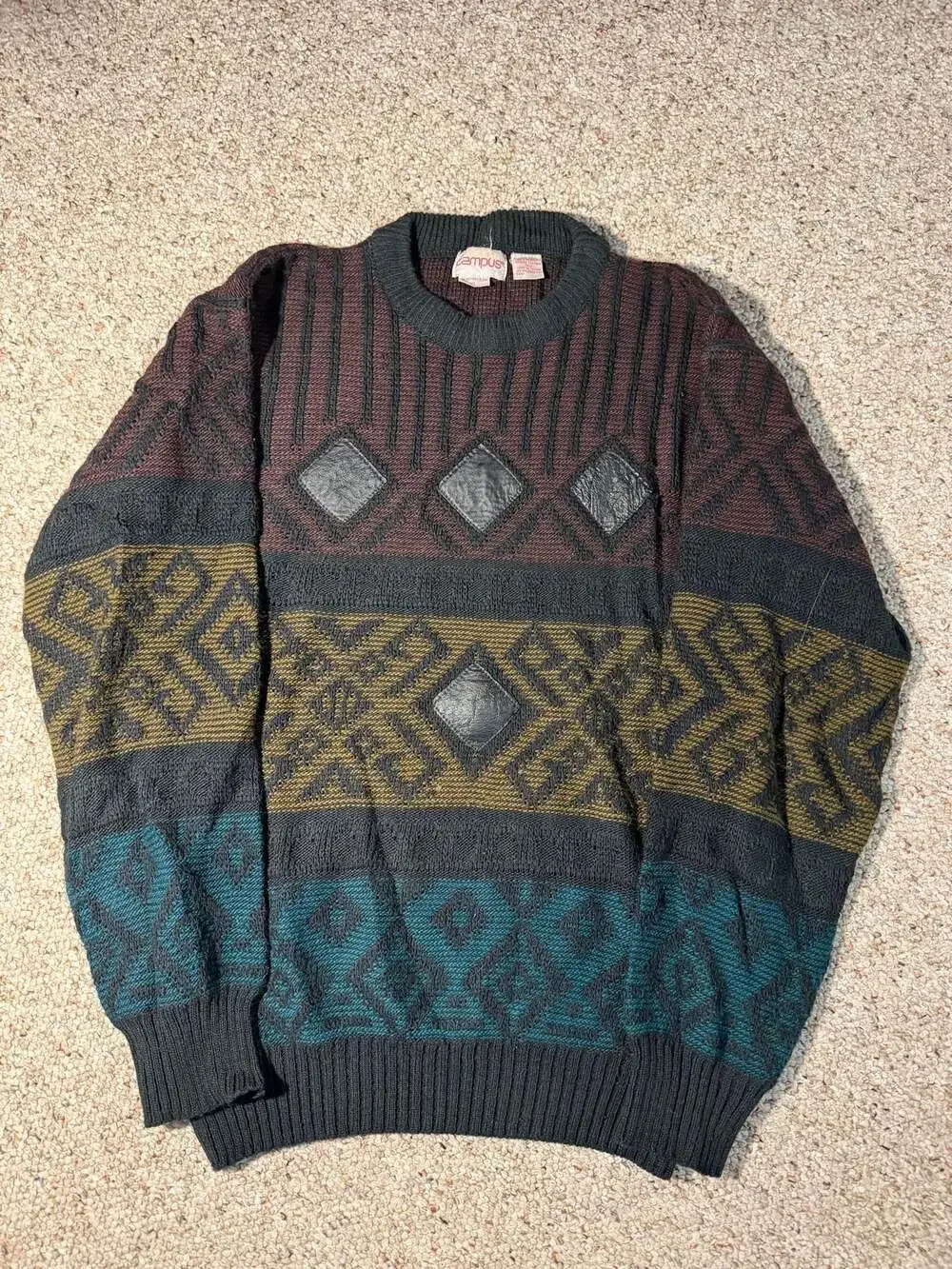 Vintage Campus Men's Geometric Knit Sweater with Leather‎ Patches Size XL
